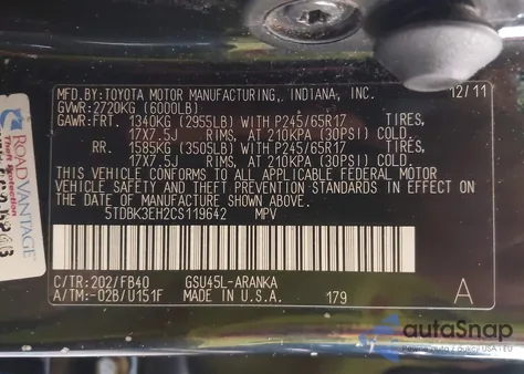 2012 Toyota Highlander Base V6 z USA, uszkodzony, nr VIN 5TDBK3EH2CS119642